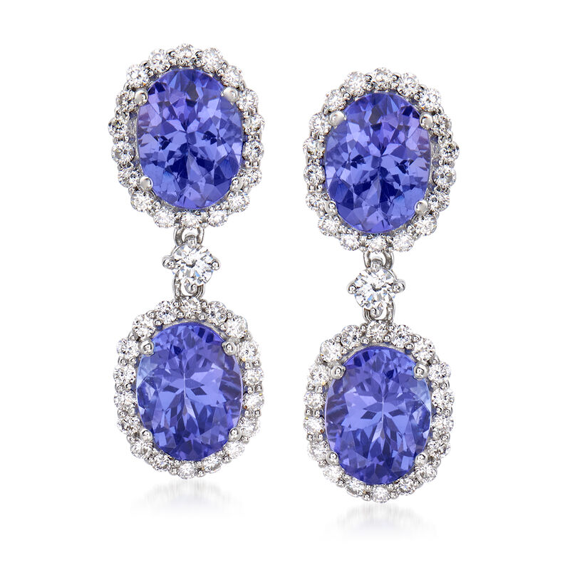 7.25 ct. t.w. Tanzanite and 1.10 ct. t.w. Diamond Drop Earrings in 14kt White Gold image number 0