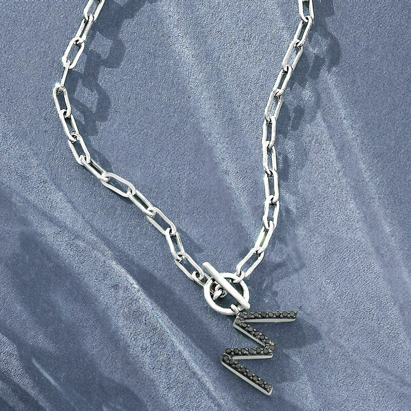 Black Diamond Initial Paper Clip Link Toggle Necklace in Sterling Silver image number 3