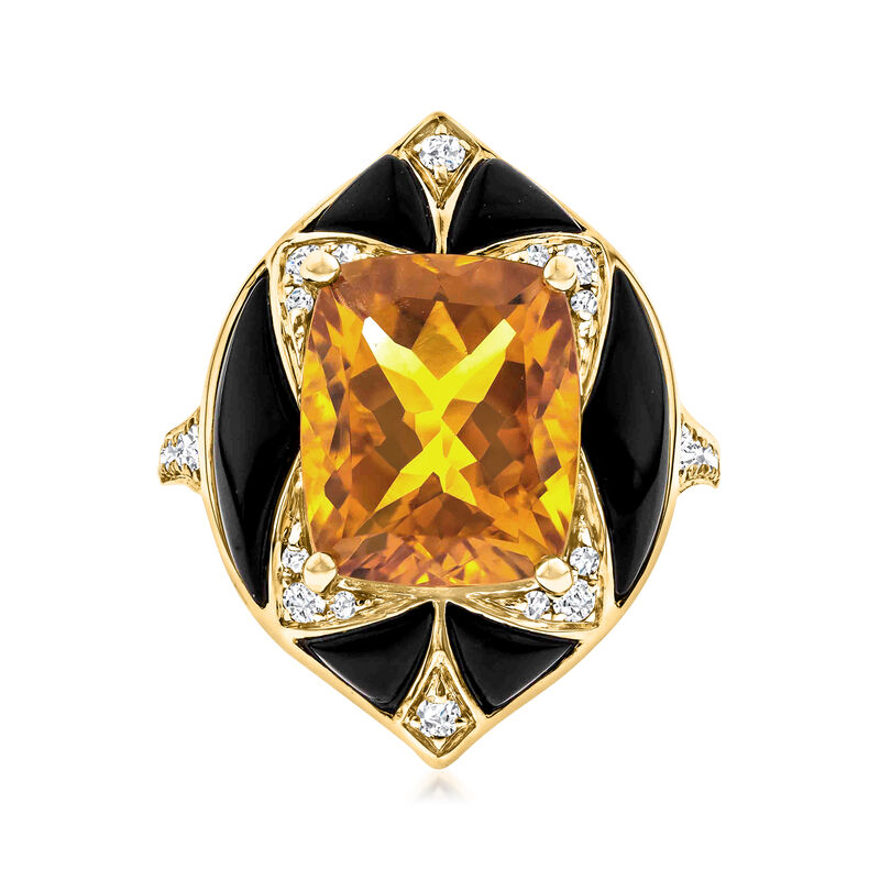 5.50 Carat Citrine and Onyx Ring with .32 ct. t.w. Diamonds in 14kt Yellow Gold. Size 8 image number 0
