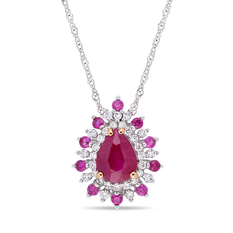 1.30 Carat Pink Ruby Teardrop Pendant Necklace with Pink Sapphire and Diamond Accents in 14kt Two-Tone Gold. 17&quot; image number 0