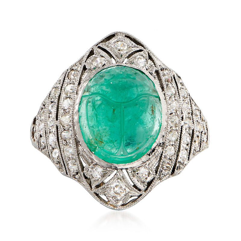 C. 1950 Vintage 4.75 Carat Emerald Scarab and .65 ct. t.w. Diamond Ring in Platinum. Size 5.5 image number 0