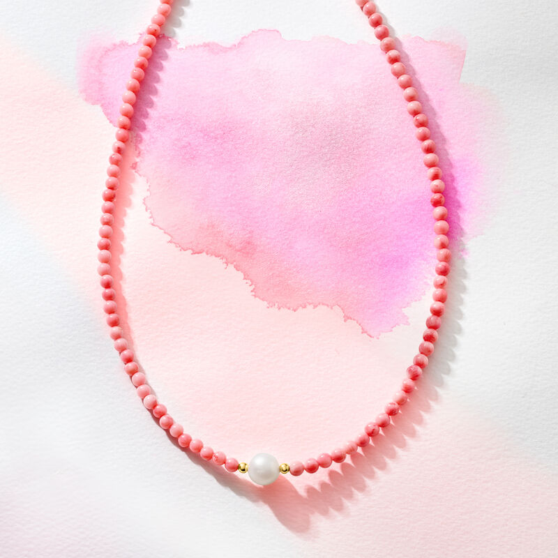 8.5-9mm Cultured Pearl and 4mm Pink Coral Bead Necklace with 18kt Gold Over Sterling image number 4