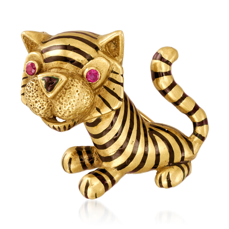 C. 1970 Vintage Black Enamel and Ruby-Accented Tiger Pin in 18kt Yellow Gold image number 0