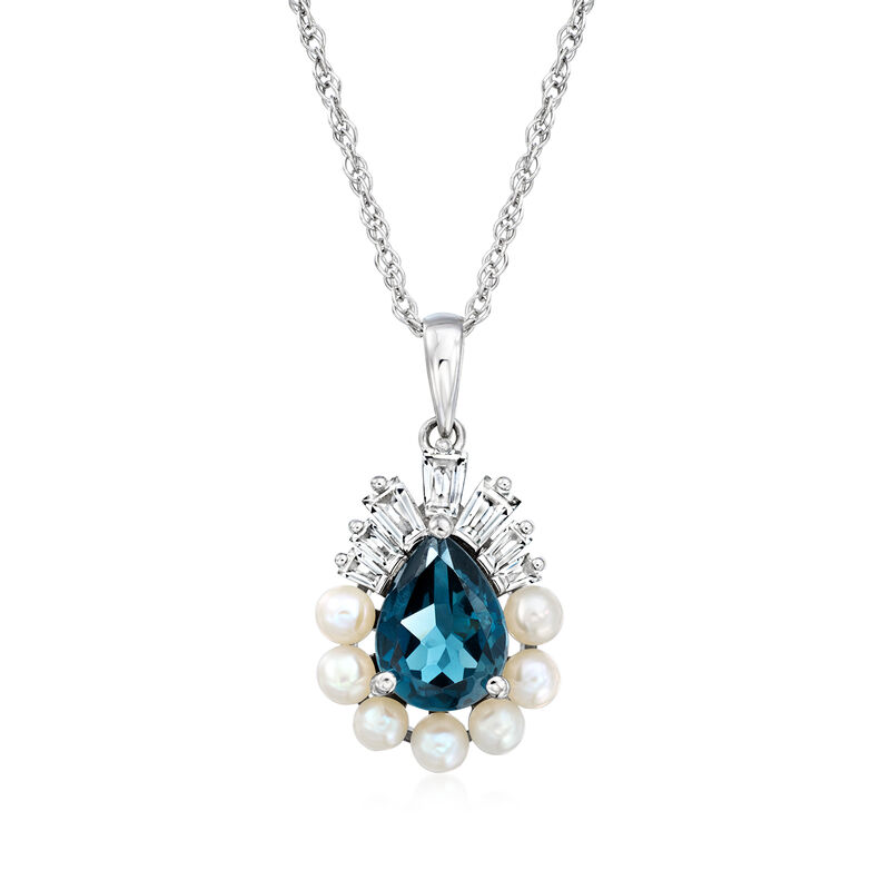 1.30 Carat London Blue Topaz and 2.5mm Cultured Pearl Pendant Necklace with .30 ct. t.w. White Topaz in Sterling Silver. 18&quot; image number 1