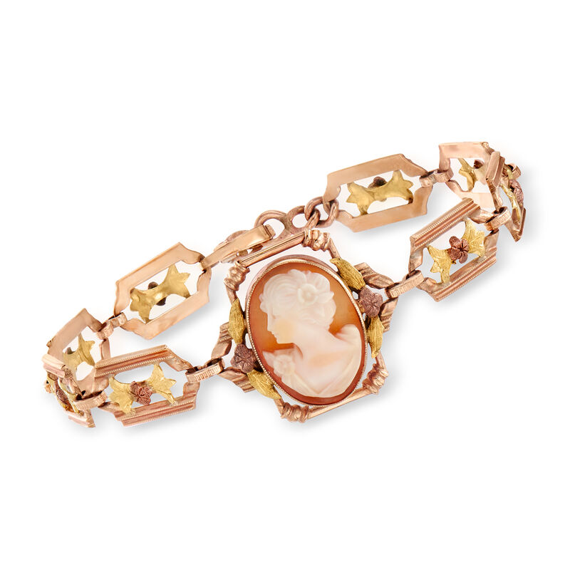 C. 1970 Vintage Pink Shell Cameo Bracelet in 10kt Two-Tone Gold. 7&quot; image number 0