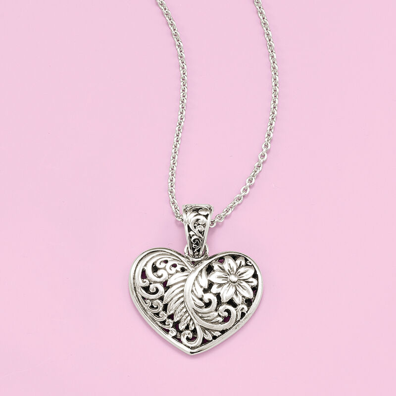 Sterling Silver Bali-Style Heart Pendant Necklace image number 2
