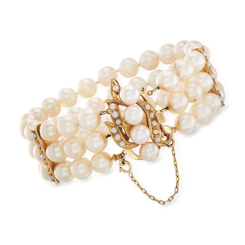 C. 1980 Vintage Cultured Pearl Multi-Row Bracelet in 14kt Yellow Gold image number 0