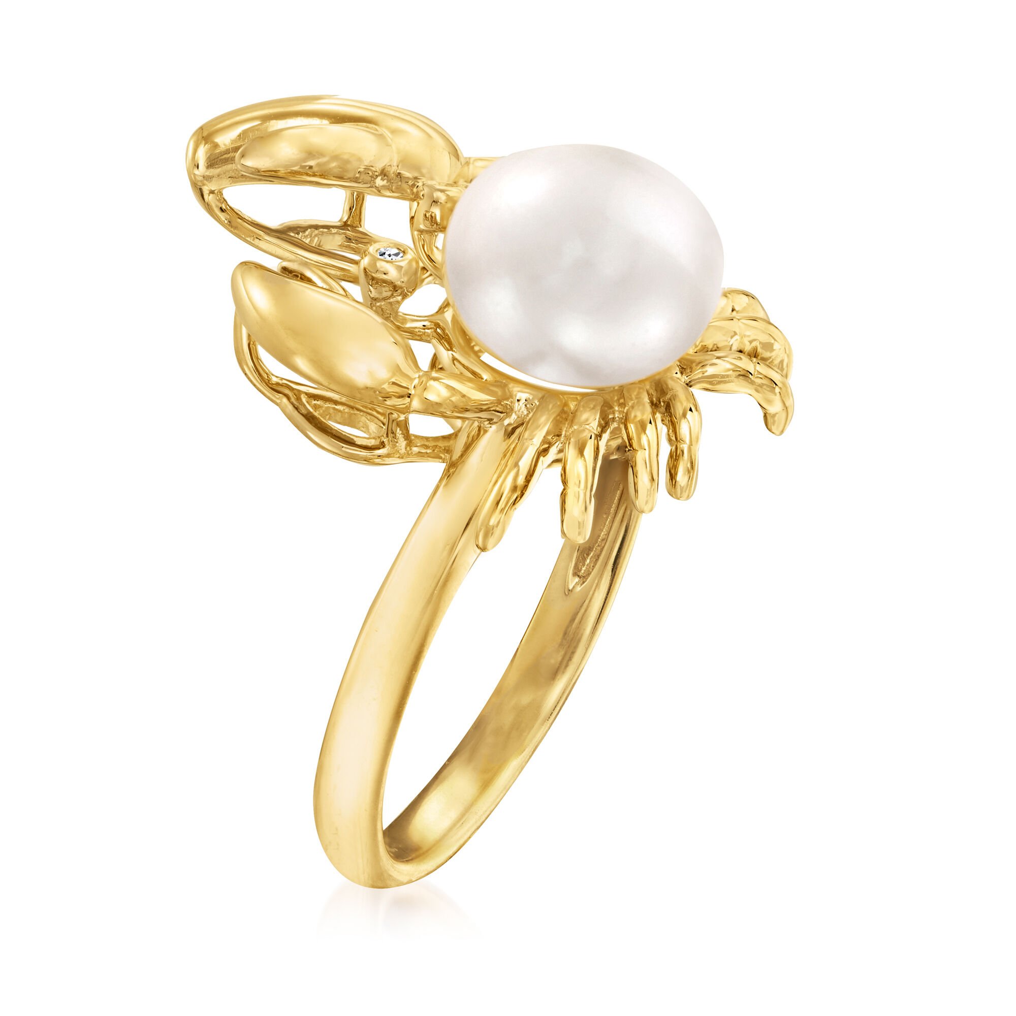 9mm Cultured Pearl Crab Ring with Diamond Accents in 18kt Gold