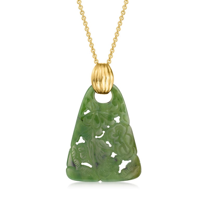 C. 1975 Vintage Carved Nephrite Pendant Necklace in 14kt Yellow Gold. 18" image number 0