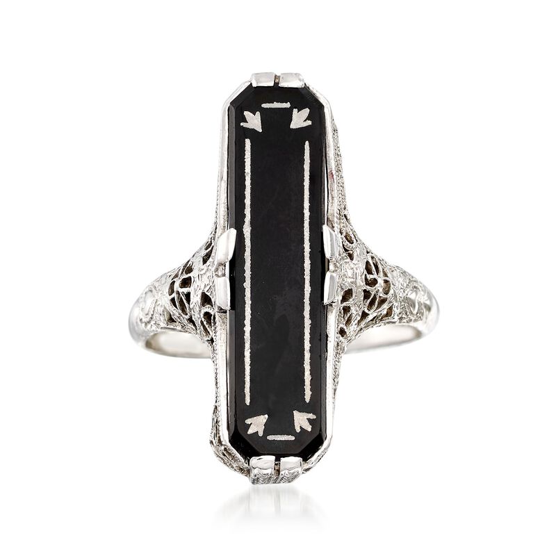 C. 1950 Vintage Black Onyx Filigree Ring with White Enamel in 14kt White Gold. Size 5.5 image number 0