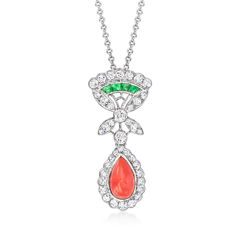 C. 1990 Vintage Red Coral and 1.35 ct. t.w. Diamond Pendant Necklace with Tsavorite Accents in 18kt and 14kt White Gold. 16&quot; image number 0