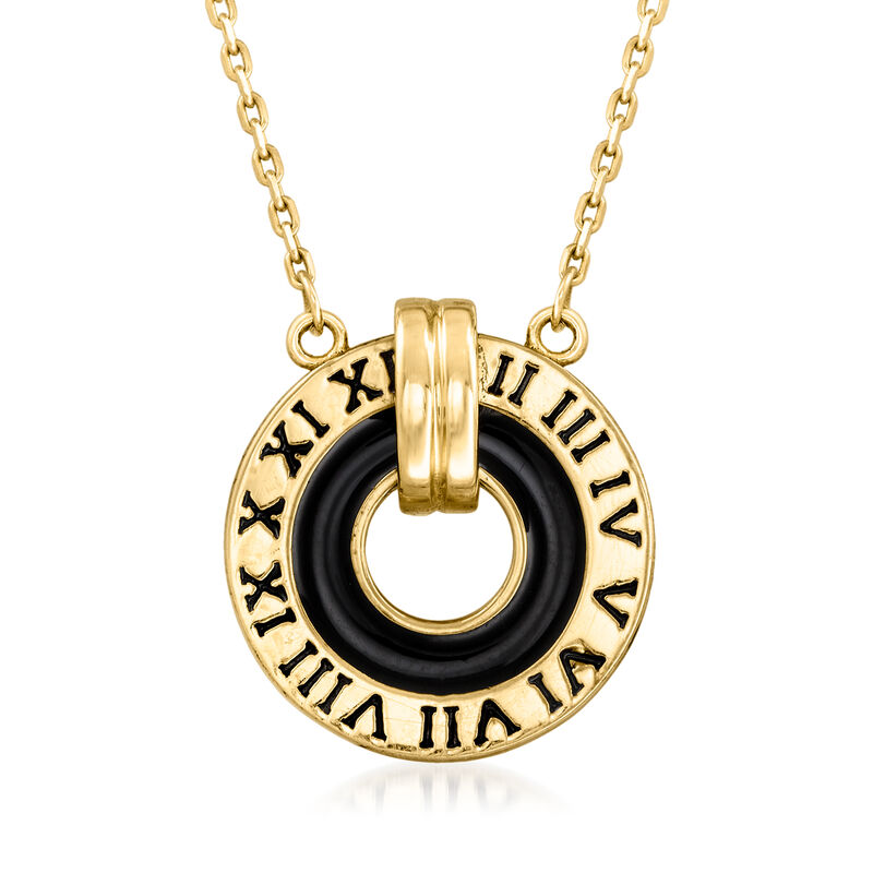Black Enamel Roman Numeral Sundial Necklace in 14kt Yellow Gold image number 0