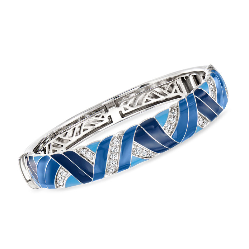 Belle Etoile &quot;Capri&quot; .60 ct. t.w. CZ and Tonal Blue Enamel Bangle Bracelet in Sterling Silver. 7.5&quot; image number 0