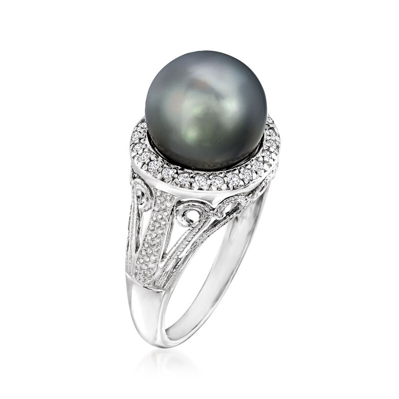 11-12mm Black Cultured Tahitian Pearl Ring with .20 ct. t.w. White Topaz in Sterling Silver image number 2