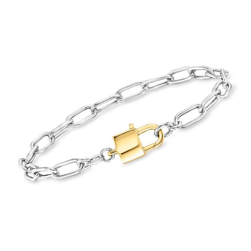 Italian Sterling Silver and 18kt Gold Over Sterling Paper Clip Link Padlock Bracelet image number 0