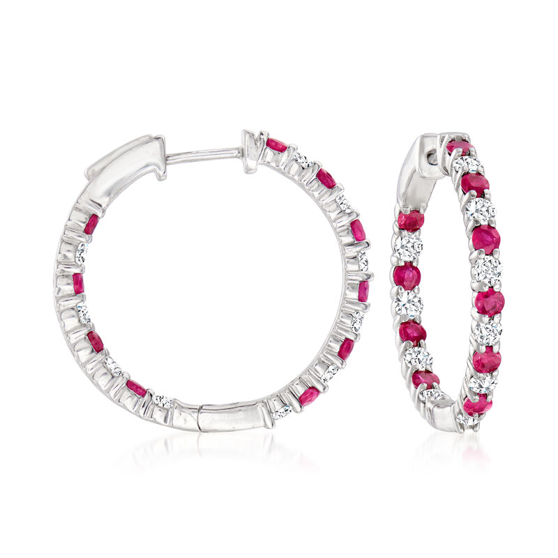 1.00 ct. t.w. Ruby and 1.00 ct. t.w. Diamond Inside-Outside Hoop Earrings in Sterling Silver. 7/8&quot; image number 0