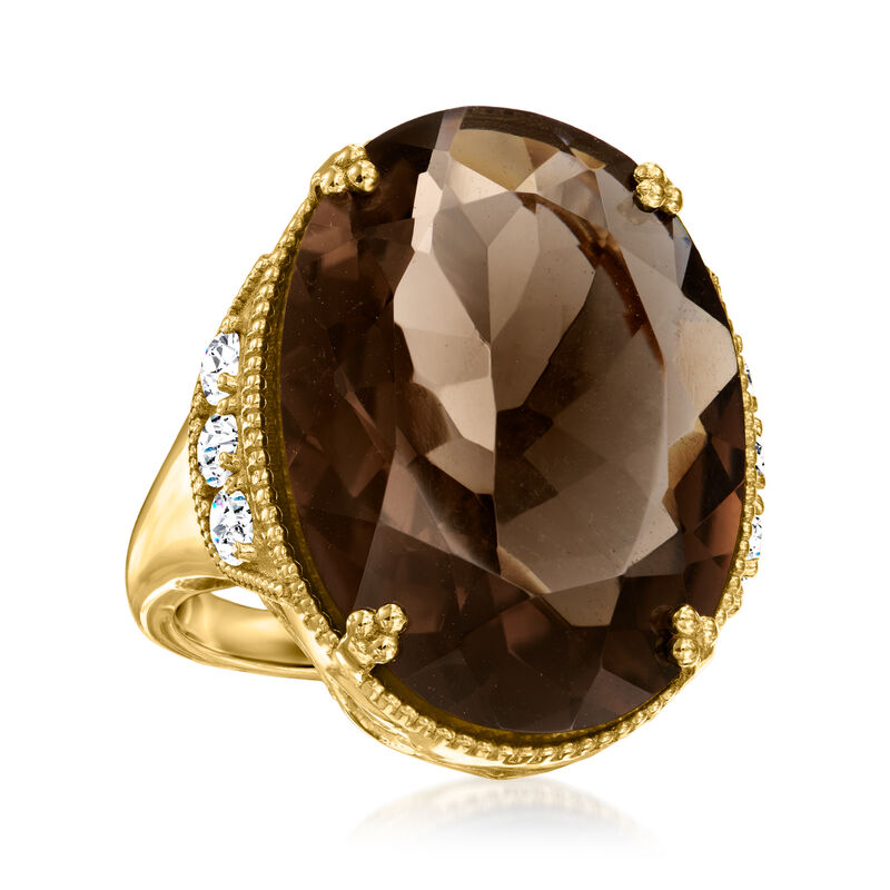 20.00 Carat Smoky Quartz and 1.60 ct. t.w. White Zircon Ring in 18kt Gold Over Sterling image number 3