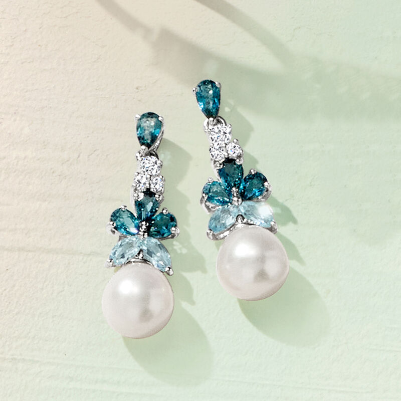 8.5-9mm Cultured Pearl and 2.30 ct. t.w. London, Sky Blue and White Topaz Drop Earrings in Sterling Silver image number 6