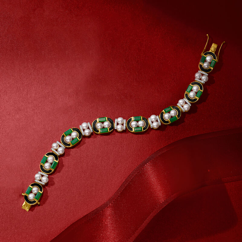 Green Chalcedony, 5mm Cultured Pearl and 1.10 ct. t.w. White Topaz Bracelet with Black Enamel in 18kt Gold Over Sterling image number 2