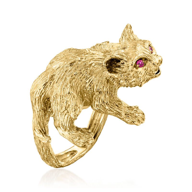 C. 1980 Vintage 18kt Yellow Gold Cat Ring with Ruby Accents image number 2