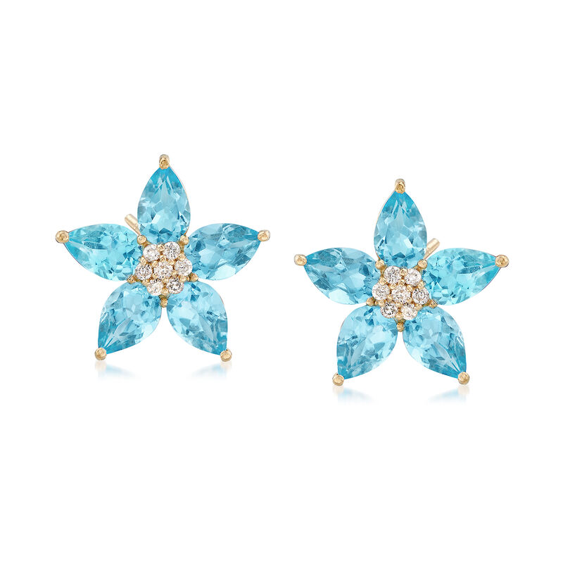4.60 ct. t.w. Blue Topaz and .14 ct. t.w. Diamond Floral Earrings in 14kt Yellow Gold image number 0