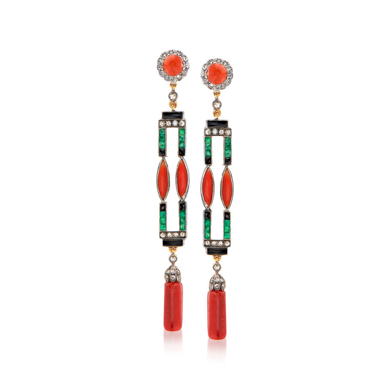 C. 1930 Vintage Multi-Gem and 1.15 ct. t.w. Diamond Drop Earrings in Sterling Silver and 14kt Gold Over Sterling image number 0