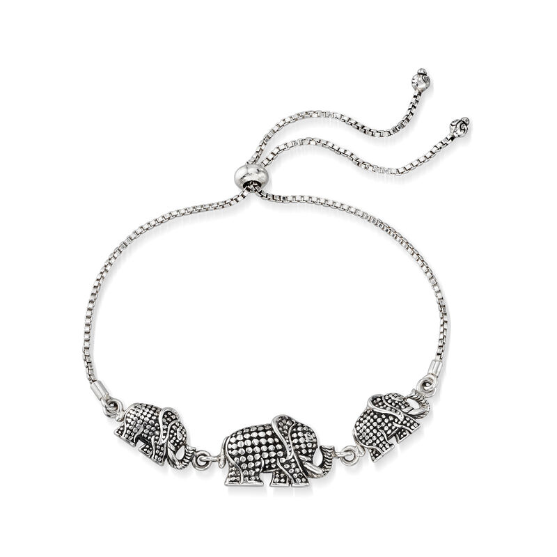Sterling Silver Bali-Style Elephant Trio Bolo Bracelet image number 2
