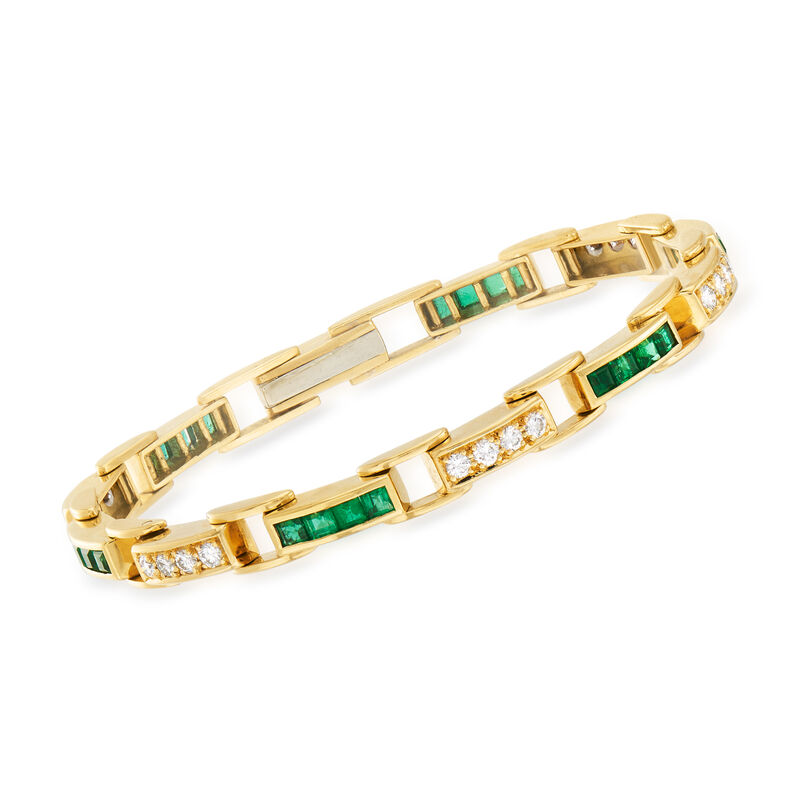 C. 1980 Vintage 2.90 ct. t.w. Emerald and 1.20 ct. t.w. Diamond Line Bracelet in 18kt Yellow Gold. 7&quot; image number 0