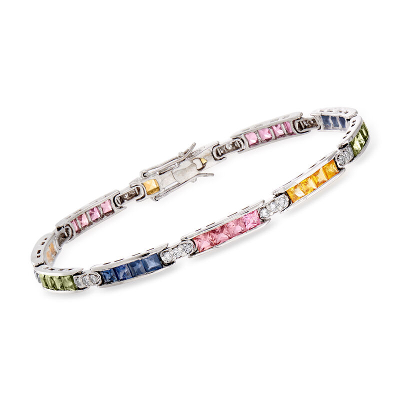 8.50 ct. t.w. Multicolored Sapphire and .69 ct. t.w. Diamond Bracelet in 14kt White Gold image number 0