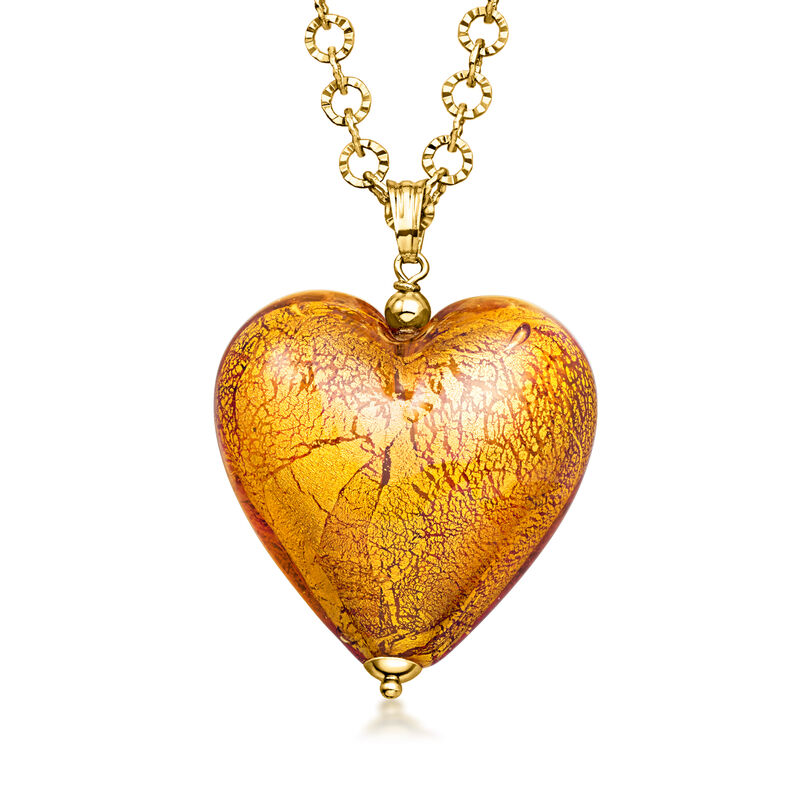 Italian Amber-Colored Murano Glass Heart Necklace with 14kt Yellow Gold-Plated Chain. 32" image number 1