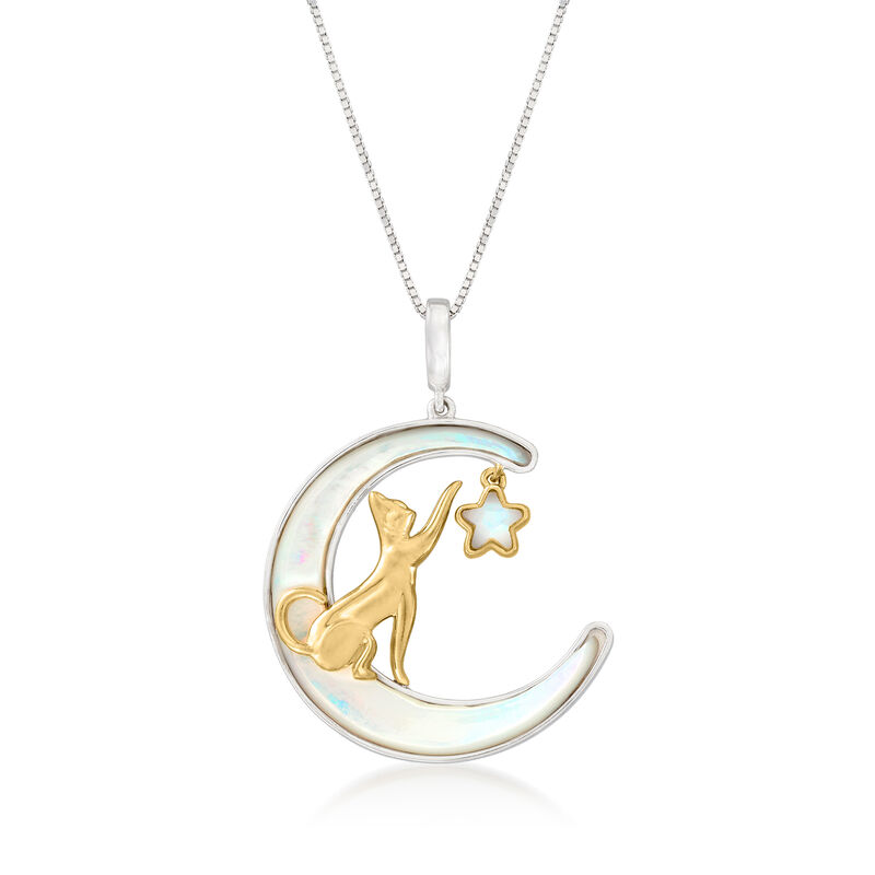 Mother-of-Pearl Cat, Star and Moon Pendant Necklace in Two-Tone Sterling Silver image number 0