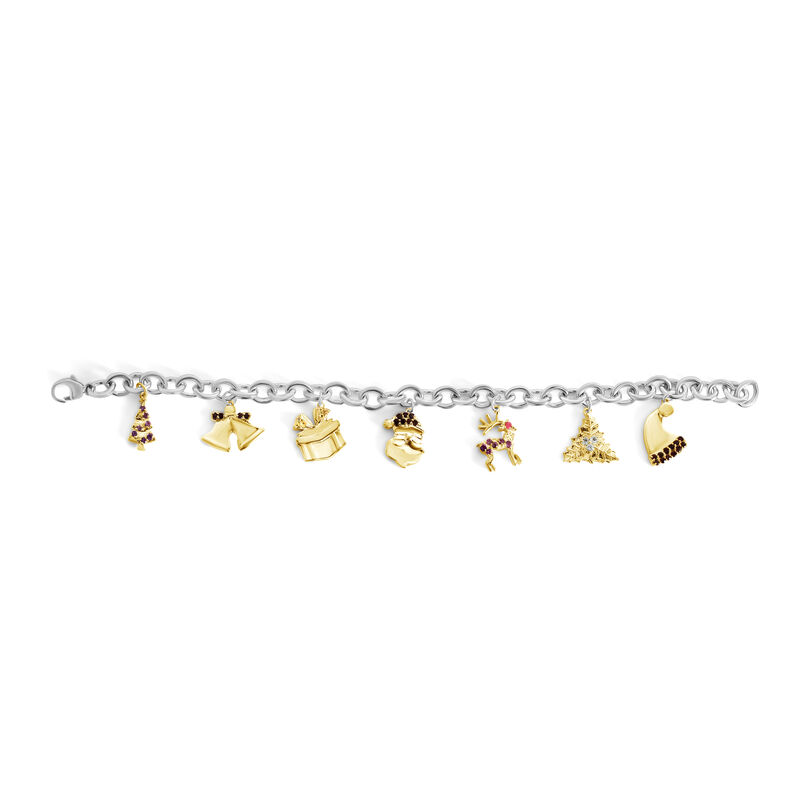.58 ct. t.w. Multi-Gemstone Christmas Charm Bracelet in Two-Tone Sterling Silver image number 1
