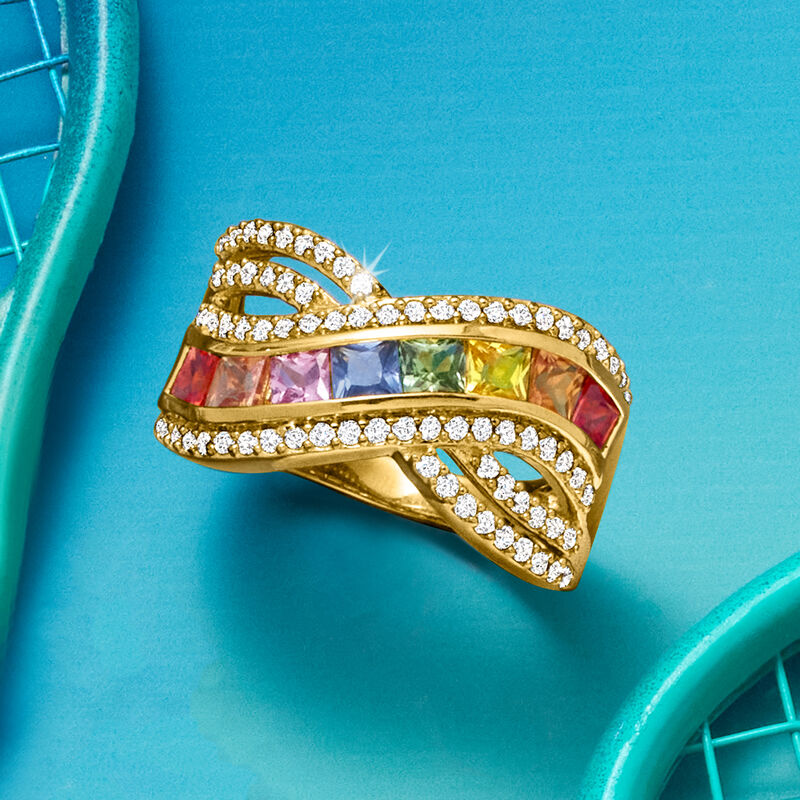 1.20 ct. t.w. Multicolored Sapphire and .60 ct. t.w. White Zircon Ring in 18kt Gold Over Sterling image number 3