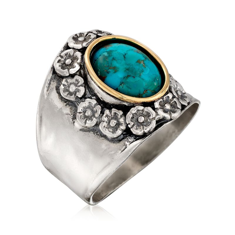 Bezel-Set Turquoise Flower Ring in Sterling Silver and 14kt Gold image number 2