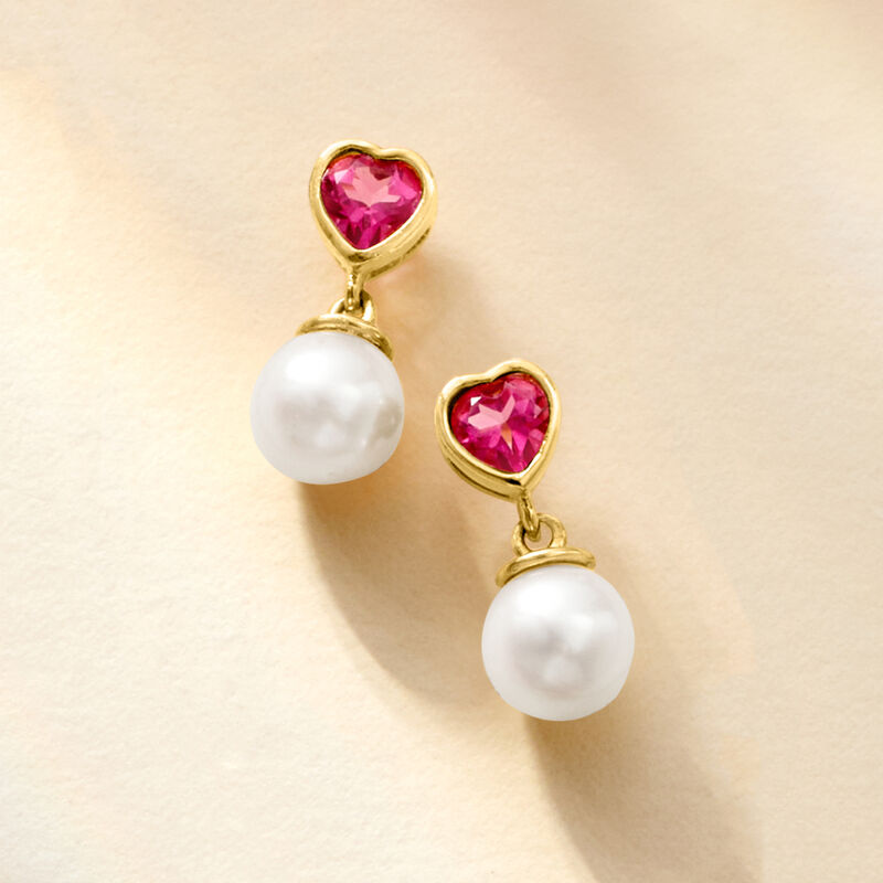 7.5-8mm Cultured Pearl and 1.00 ct. t.w. Pink Topaz Heart Drop Earrings in 18kt Gold Over Sterling image number 2
