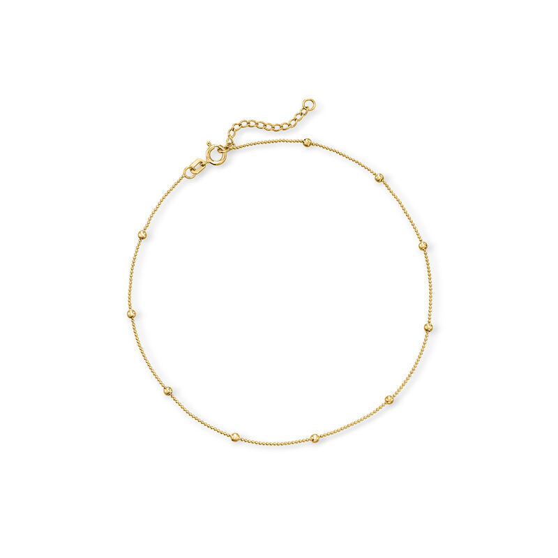 2mm 14kt Yellow Gold Diamond-Cut Bead Station Anklet. 9&quot; image number 0