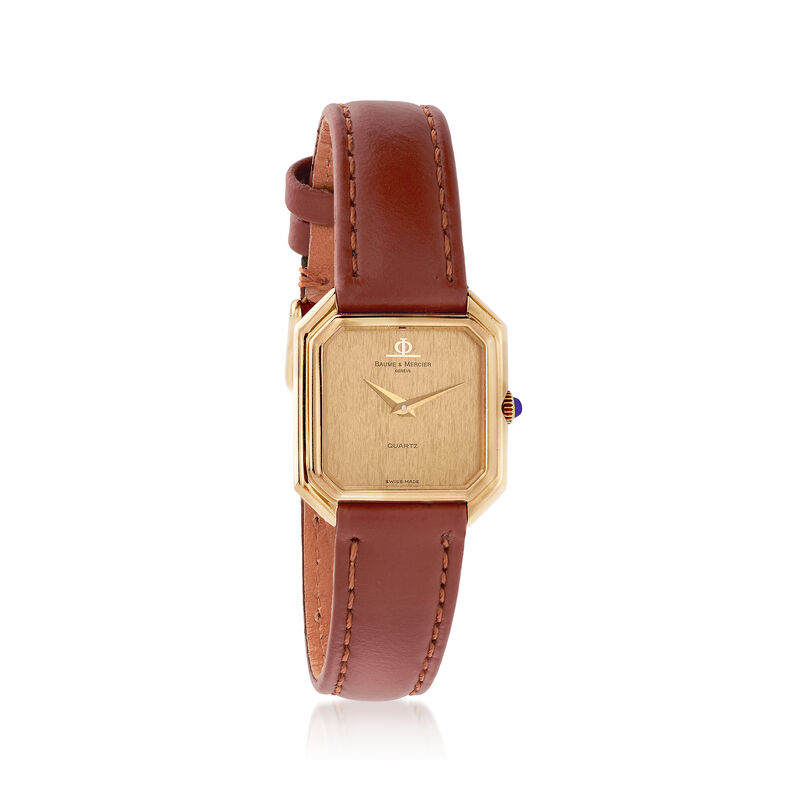C. 1980 Vintage Baume and Mercier Women's 22mm 18kt Yellow Gold Watch With Brown Leather. Size 7 image number 0