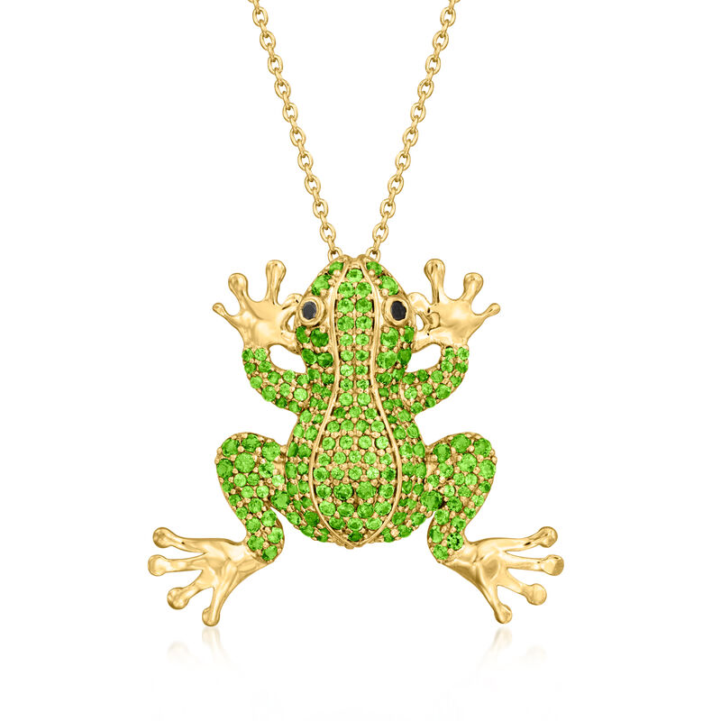 1.40 ct. t.w. Chrome Diopside Frog Pin/Pendant Necklace with Black Spinel in 18kt Gold Over Sterling. 18&quot; image number 1