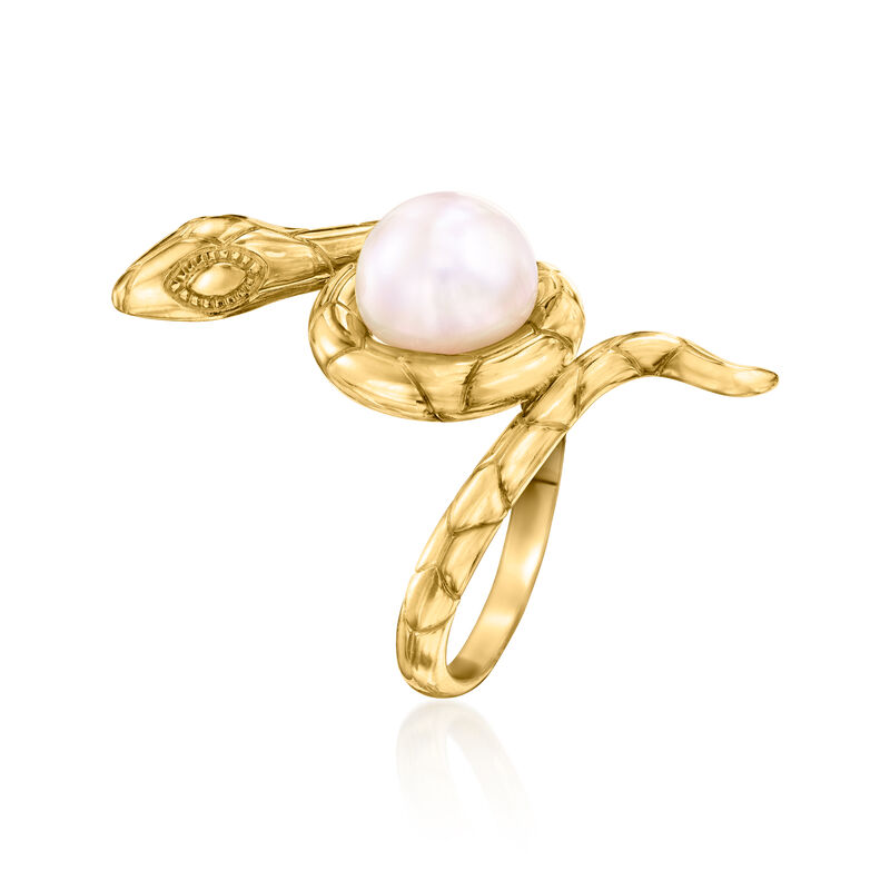 8-8.5mm Cultured Pearl Snake Ring in 18kt Gold Over Sterling image number 2