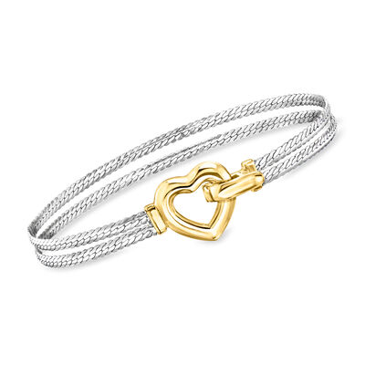 Silver and 14kt Gold-Plated Two-Strand Cuban-Link Heart Bracelet