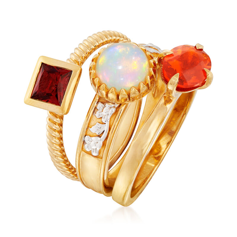 White and Orange Opal and .70 ct. t.w. Garnet Jewelry Set: Three Rings in 18kt Gold Over Sterling image number 2
