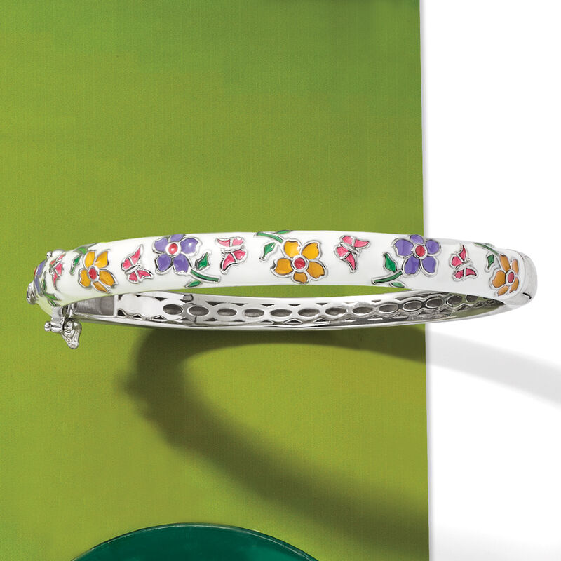 Multicolored Enamel Flower Bangle Bracelet in Sterling Silver image number 2