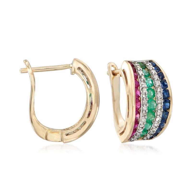 1.70 ct. t.w. Multi-Gemstone and .32 ct. t.w. Diamond Hoop Earrings in 14kt Yellow Gold. 1/2&quot; image number 3