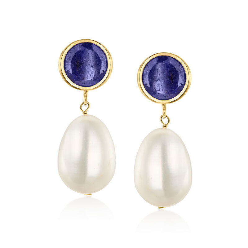 9.5-10mm Cultured Pearl and 3.50 ct. t.w. Sapphire Drop Earrings in 14kt Yellow Gold  image number 0
