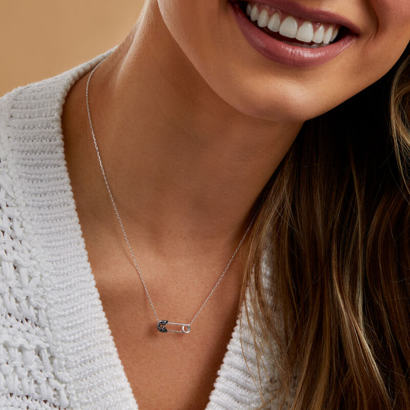 Black Diamond-Accented Safety Pin Necklace in Sterling Silver image number 2