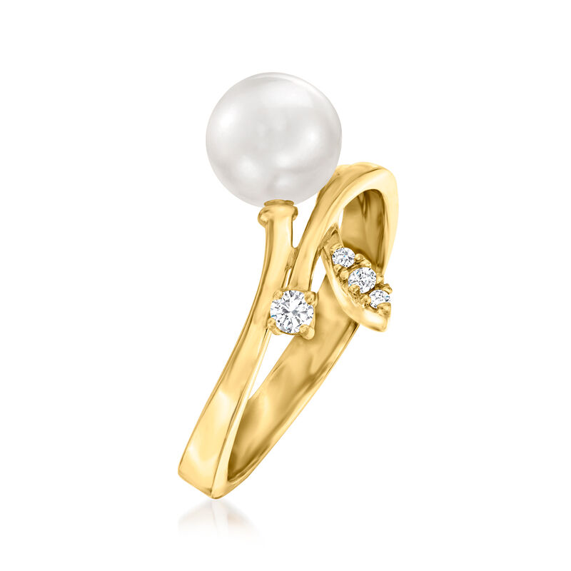 7.5mm Cultured Pearl Bypass Ring with Diamond Accent in 14kt Yellow Gold. Size 7 image number 2