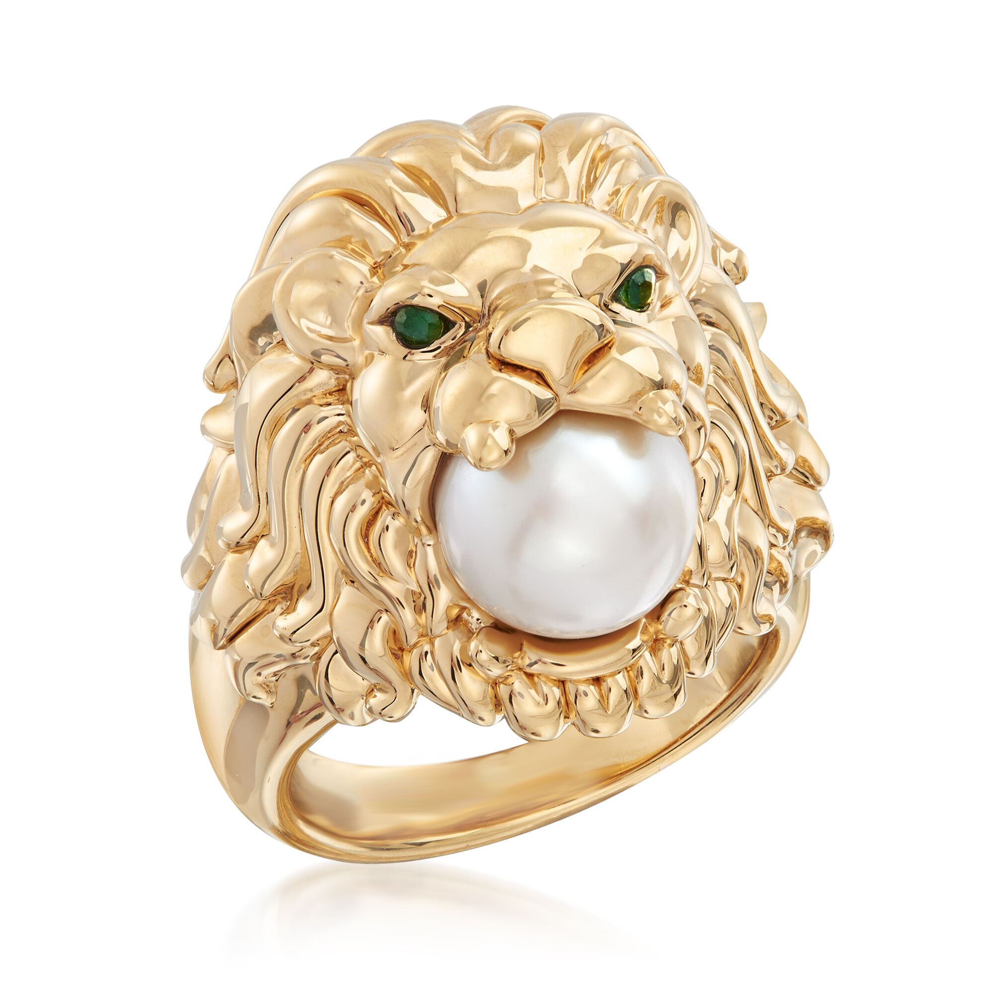 9-9.5mm Cultured Pearl Lion Head Ring with Emerald Accents