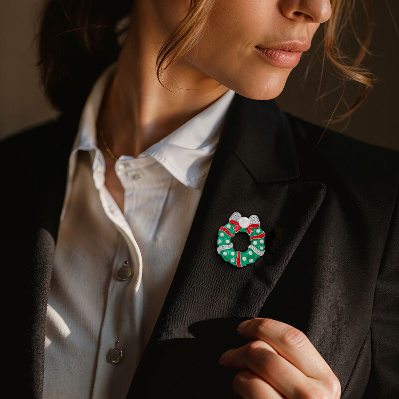 2.5-8mm Cultured Pearl and 4.50 ct. t.w. White Topaz Christmas Wreath Pin with Red and Green Enamel in Sterling Silver image number 1