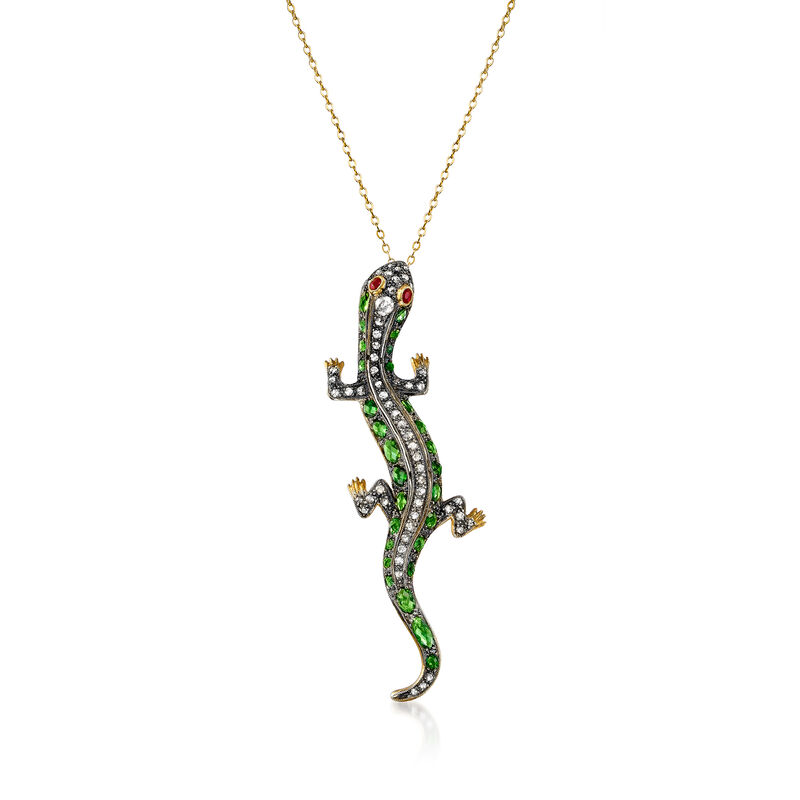 C. 1970 Vintage 4.25 ct. t.w. Green Garnet, 1.05 ct. t.w. Brown Diamond and .10 ct. t.w. Ruby Lizard Pendant Necklace in Sterling Silver and 14kt Yellow Gold. 18&quot; image number 0
