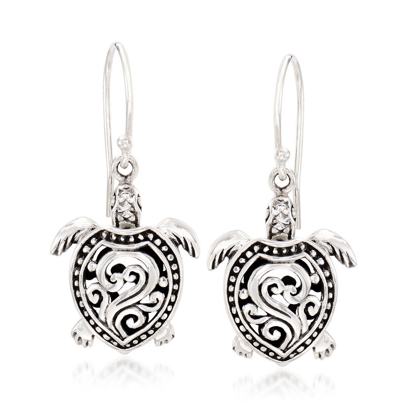 Sterling Silver Bali-Style Jewelry Set: Turtle Drop Earrings and Ring image number 3